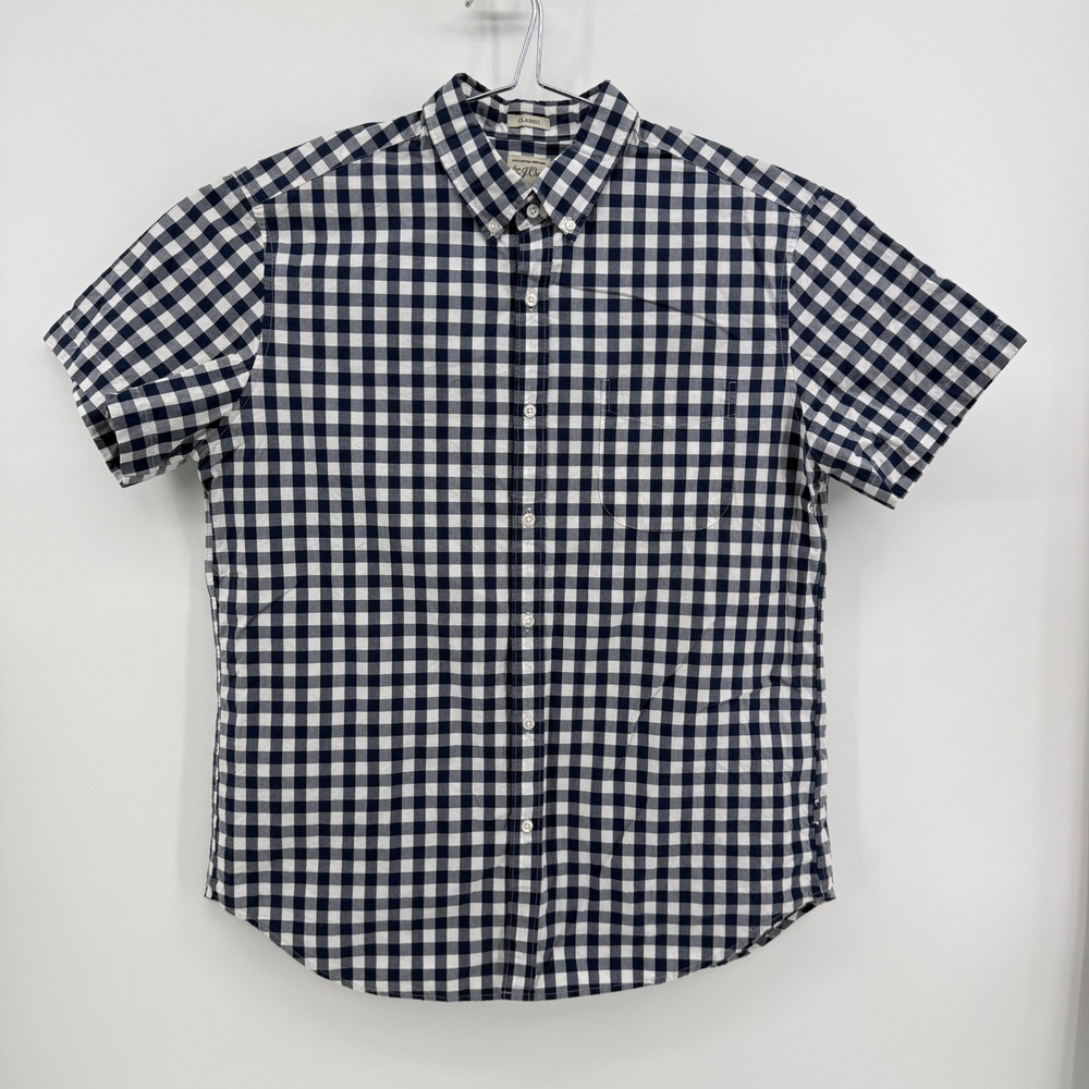 J.Crew Button Down Mens L Navy Gingham Cotton Classic Fit Short Sleeve Shirt